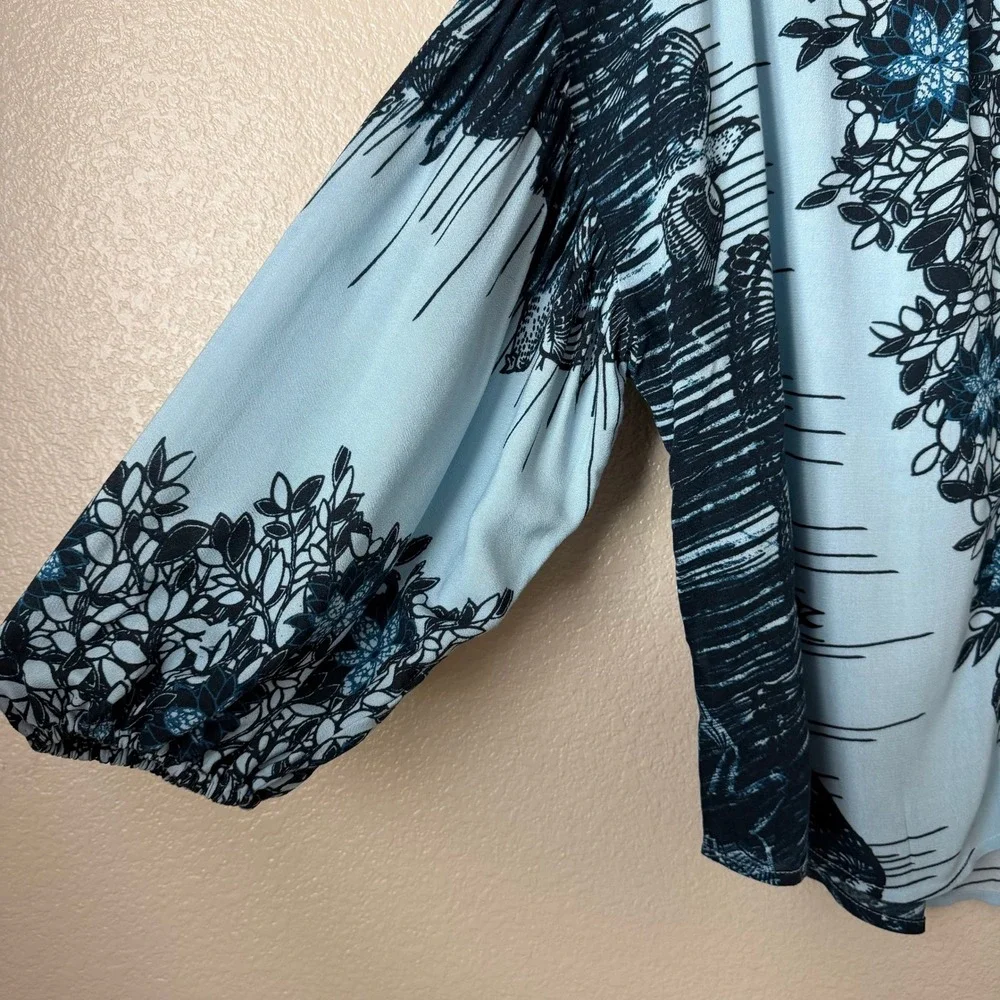 Free People Top XS Blue Birds of a Feather Floral Balloon Sleeve Boho Oversized